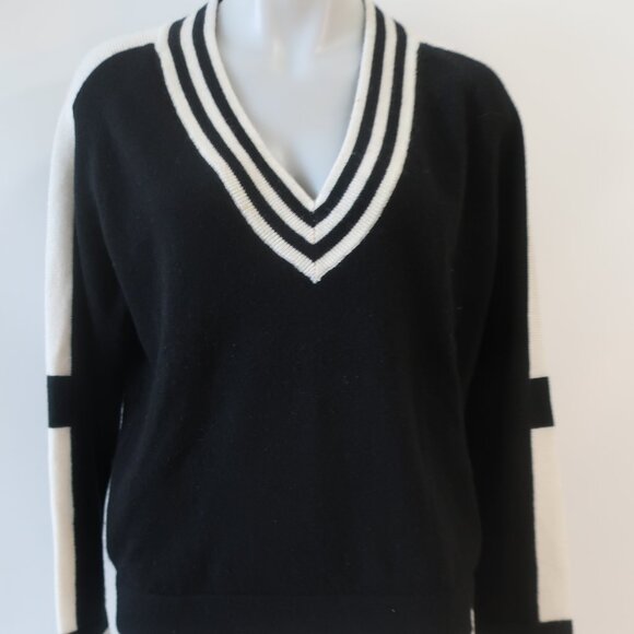 Womens Brodie Fine Cashmere Black White Varsity Stripe V-Neck Pullover Sweater M - Picture 4 of 11